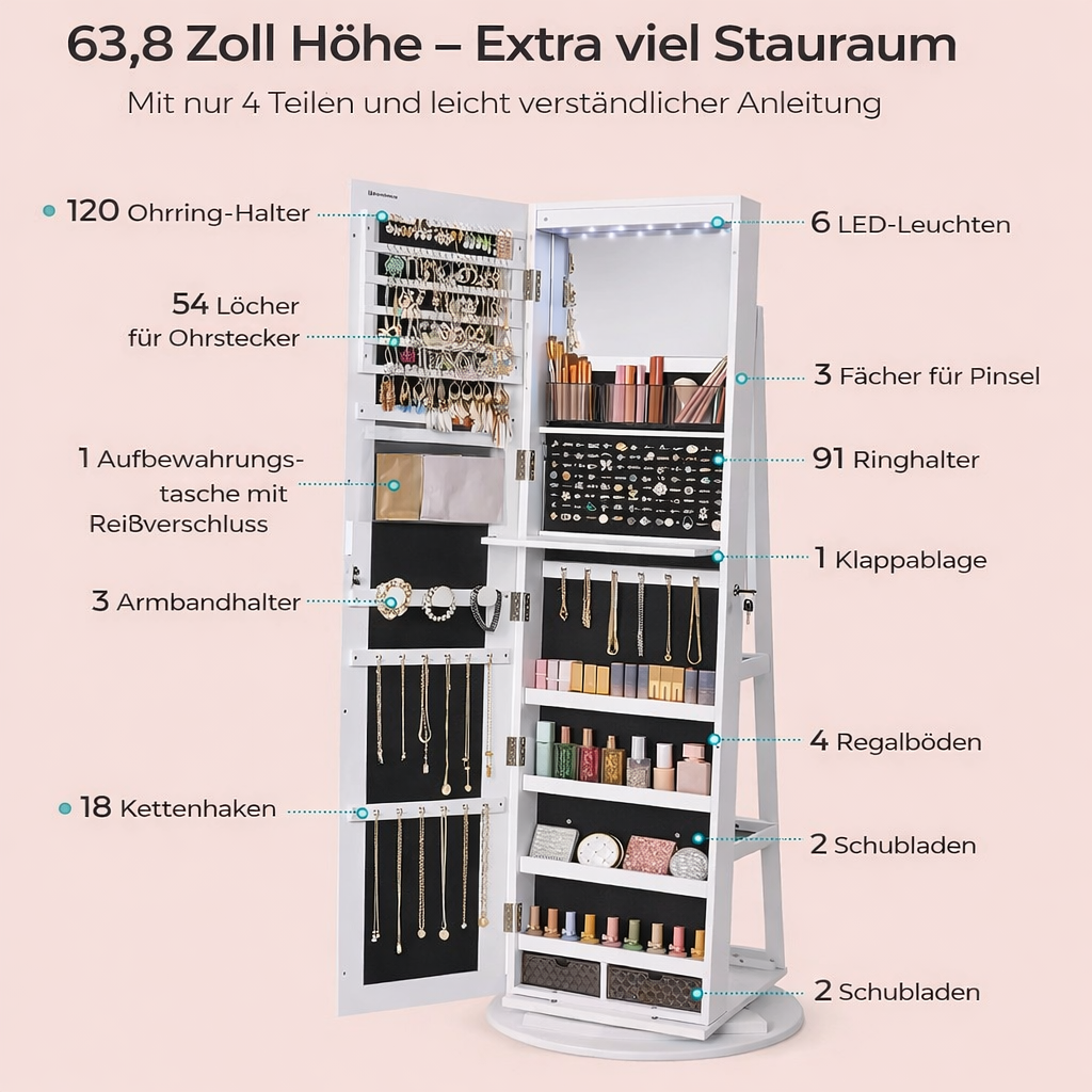 Spiegelschrank mit Schmuckaufbewahrung und LED-Beleuchtung Standspiegel