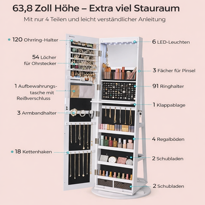 Spiegelschrank mit Schmuckaufbewahrung und LED-Beleuchtung Standspiegel