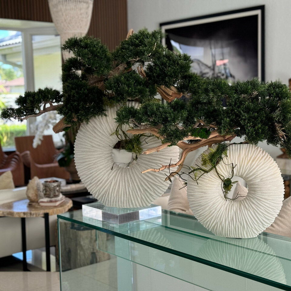 Große Eternity Vase mit hängendem Bonsai und Treibholz