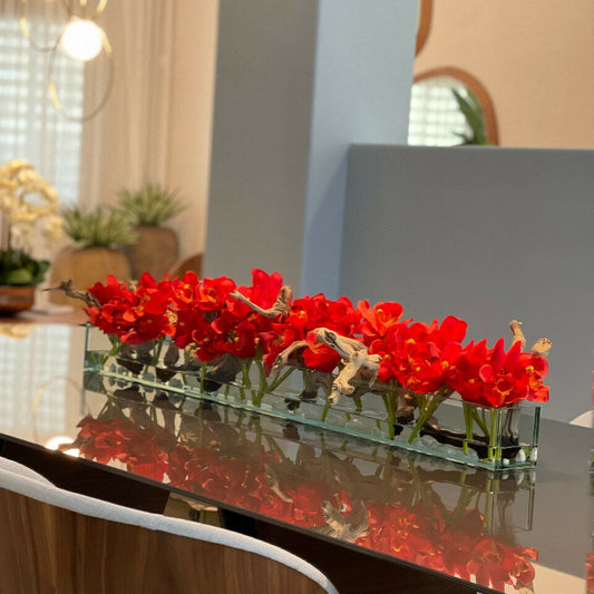 Moderne Haus-Glasvase mit roten Cymbidien